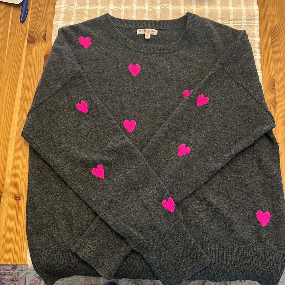 Philosophy dark grey with pink hearts Cashmere pullover sweater